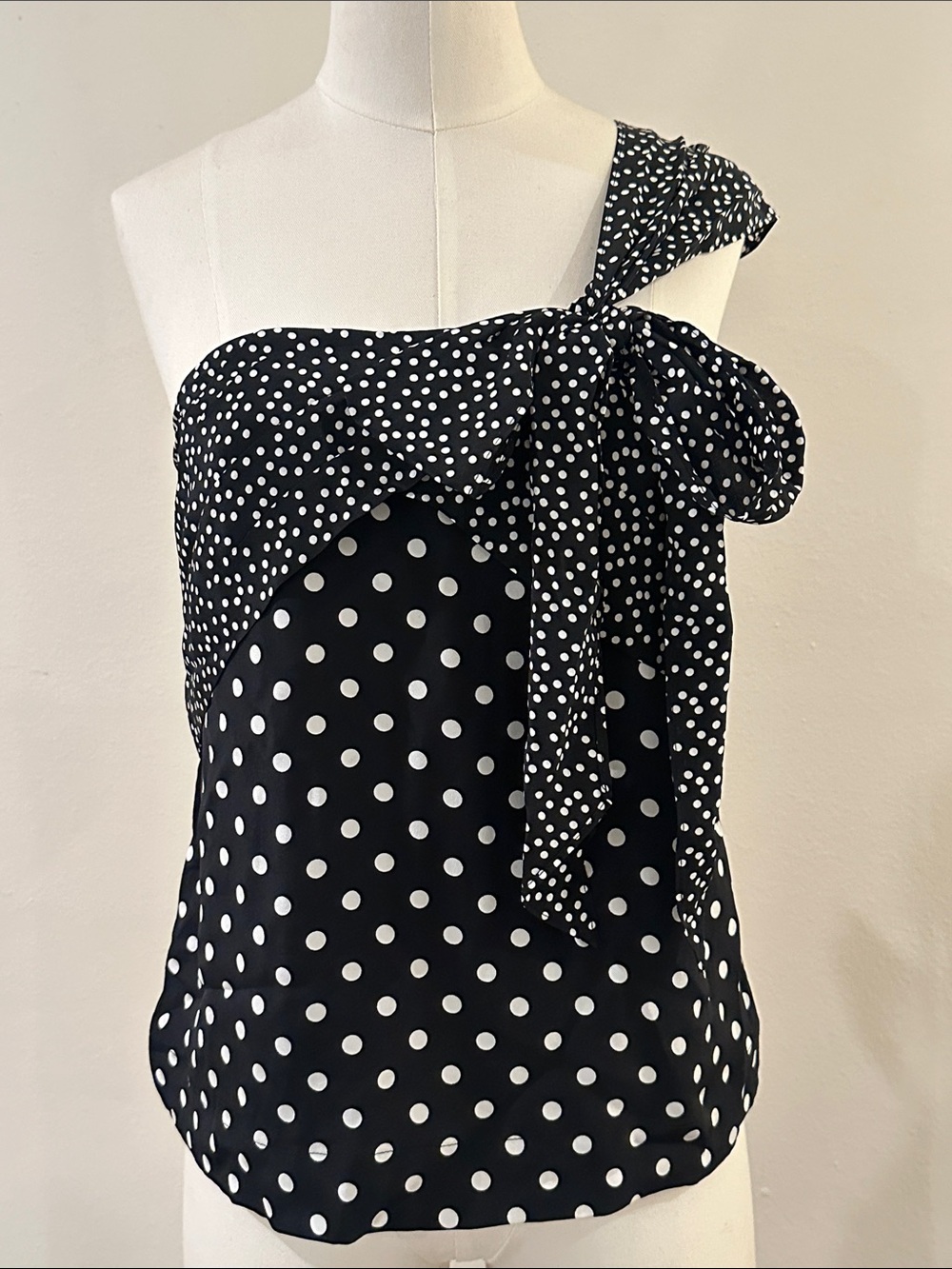 J. Crew Black & White Polka Dot One-Shoulder Bow Top